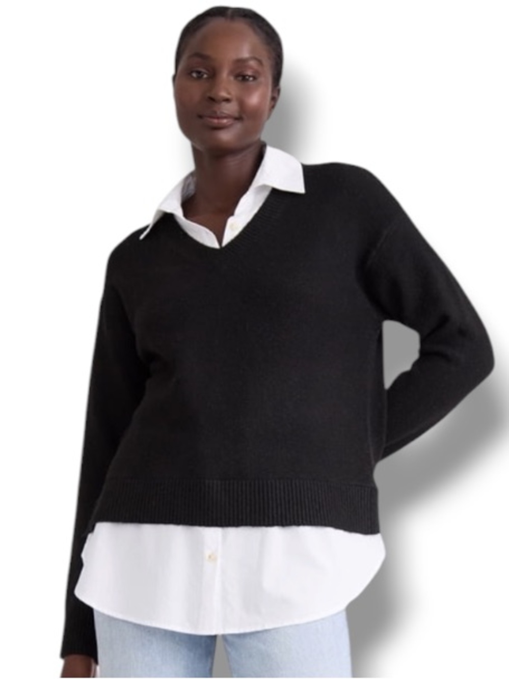 Anne Klein Women’s White Collared Black V-Neck Preppy Fashion Sweater